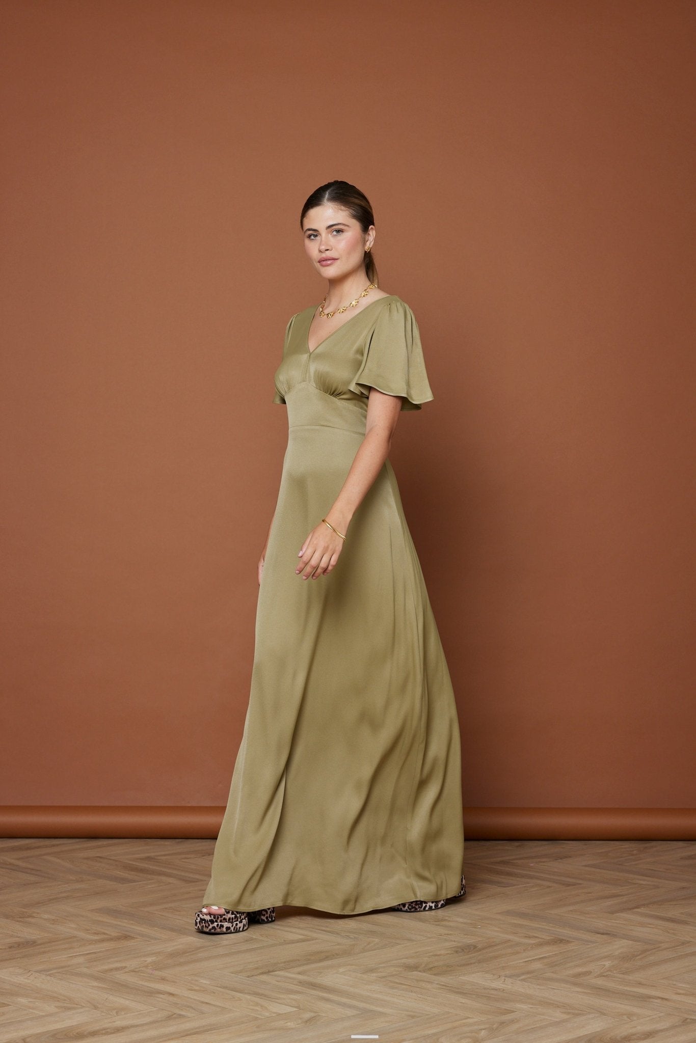 Cleo Satin Dress - Olive Green NEW - Maids to Measure