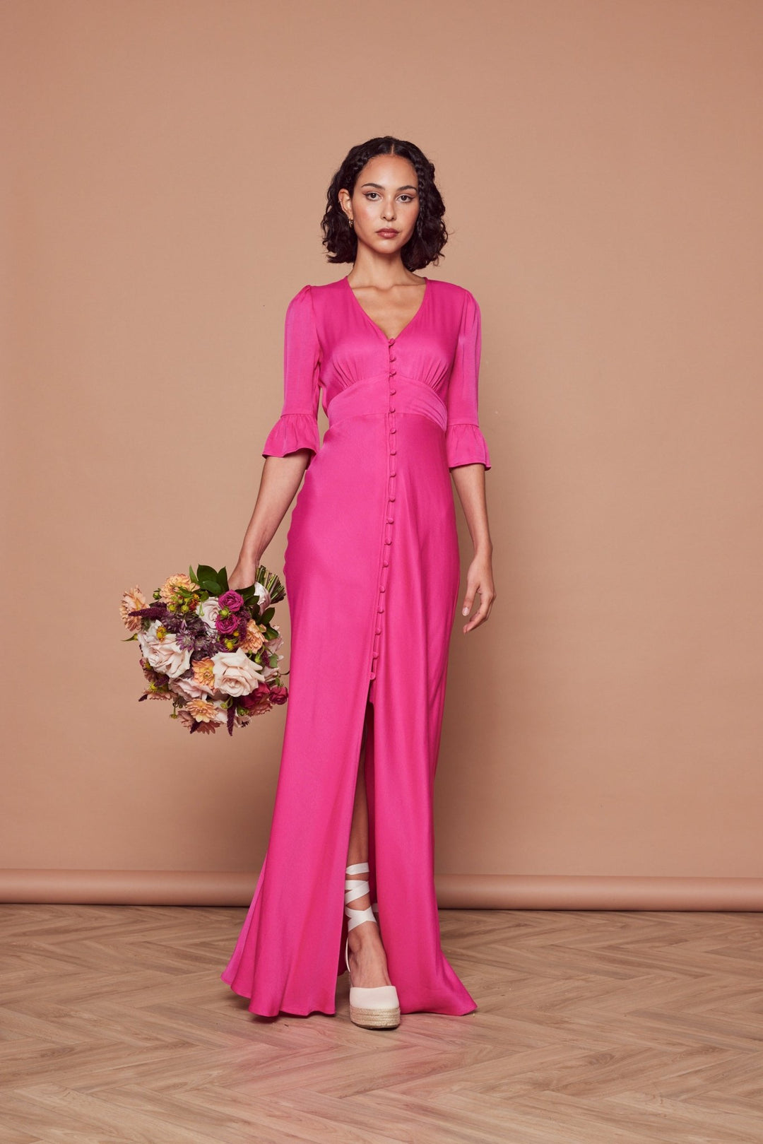 Daphne Satin V Neck Dress Hot Pink