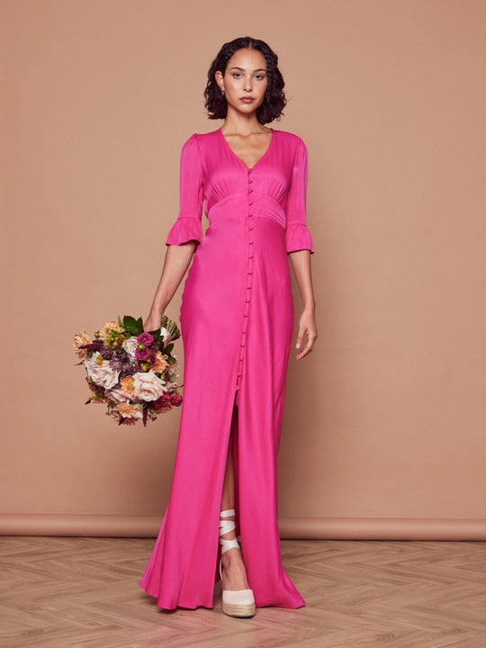 Daphne Satin V Neck Dress - Hot Pink - 6 / Hot Pink