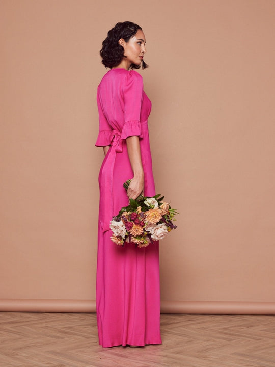 Daphne Satin V Neck Dress - Hot Pink - Maids to Measure