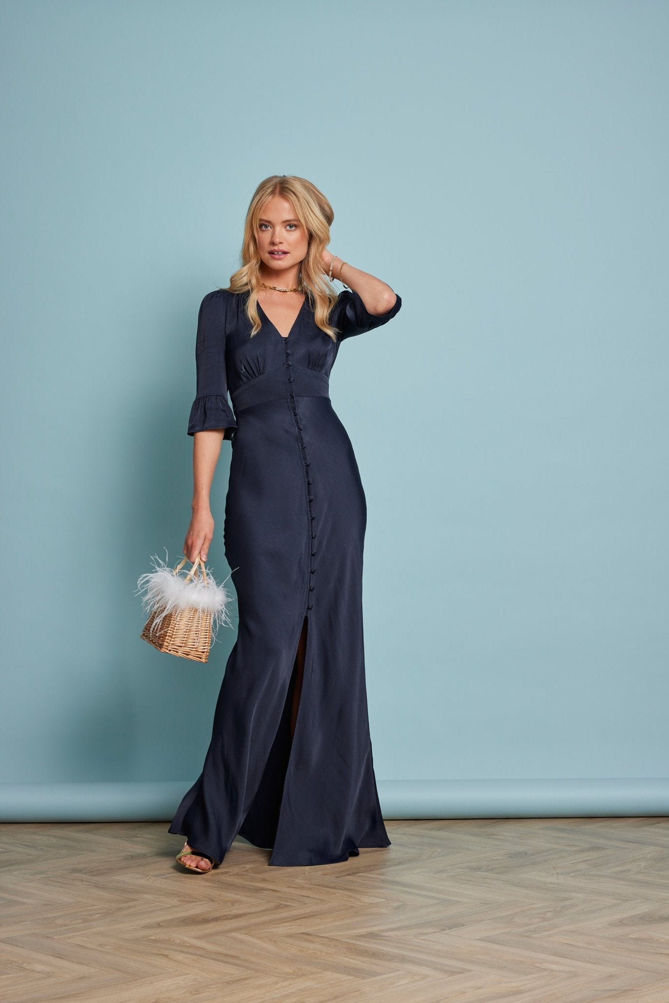 Daphne Satin V Neck Dress - Navy Blue NEW! - Maids to Measure
