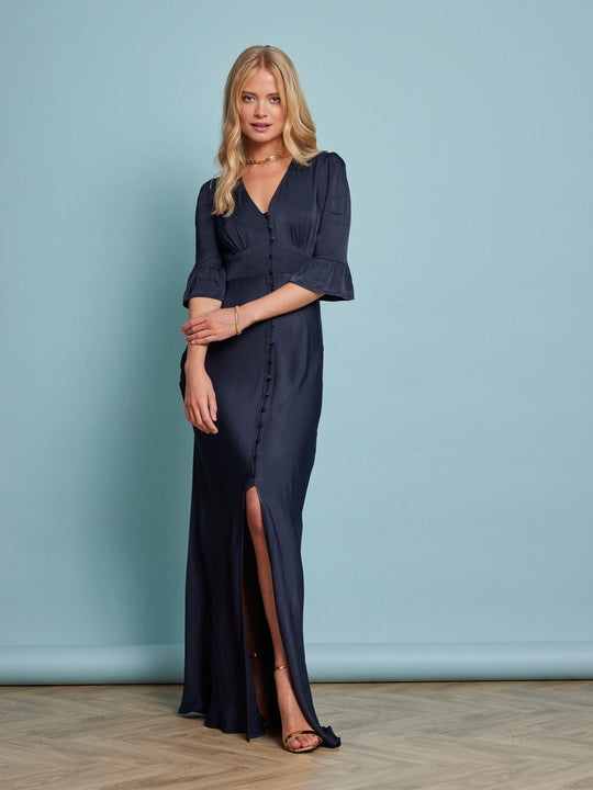 Daphne Satin V Neck Dress - Navy Blue - 6 / Navy Blue