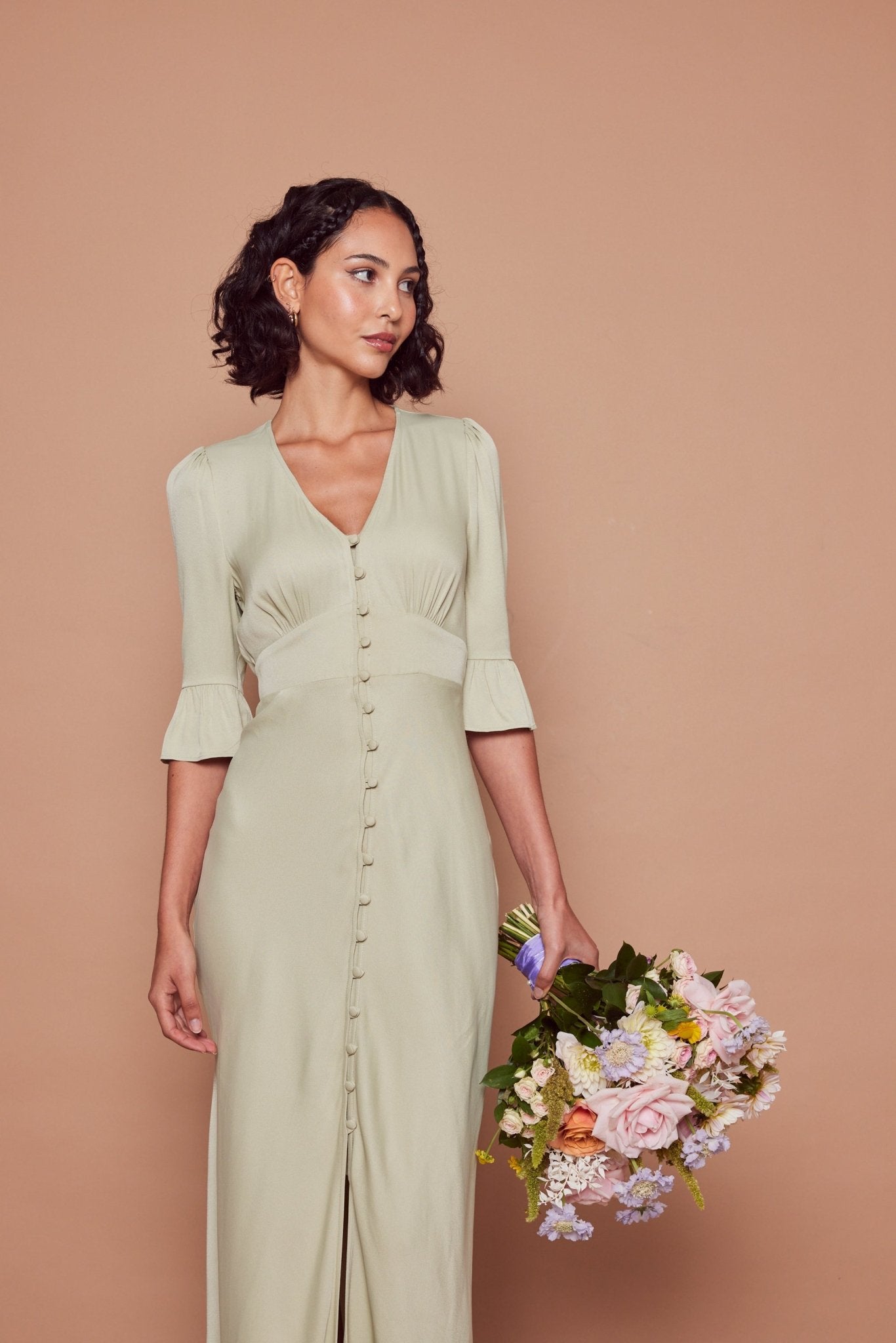 Daphne Satin V Neck Dress - Sage Green - Maids to Measure