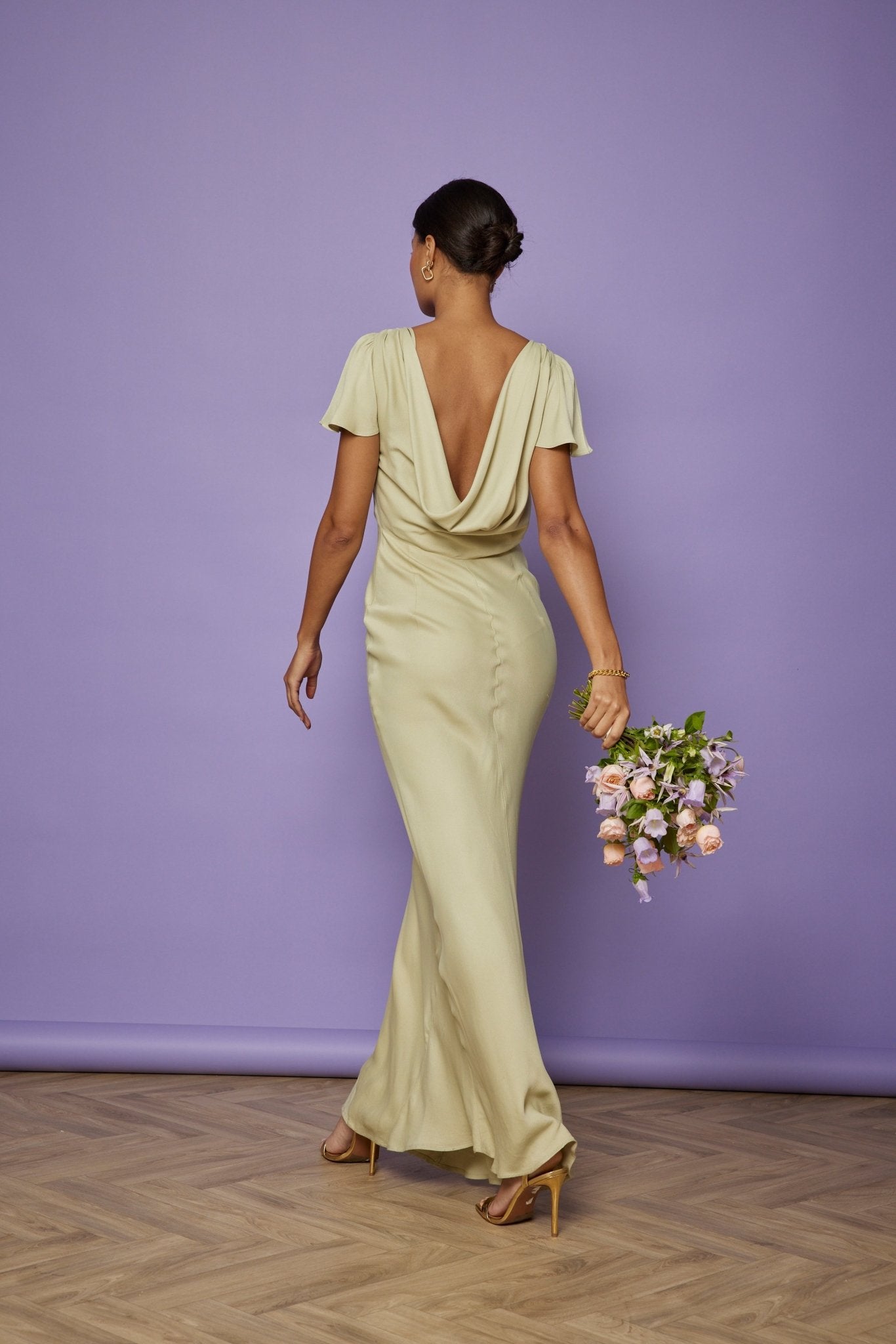 Eadie Satin Cowl Back Dress - Sage Green - Maids to Measure