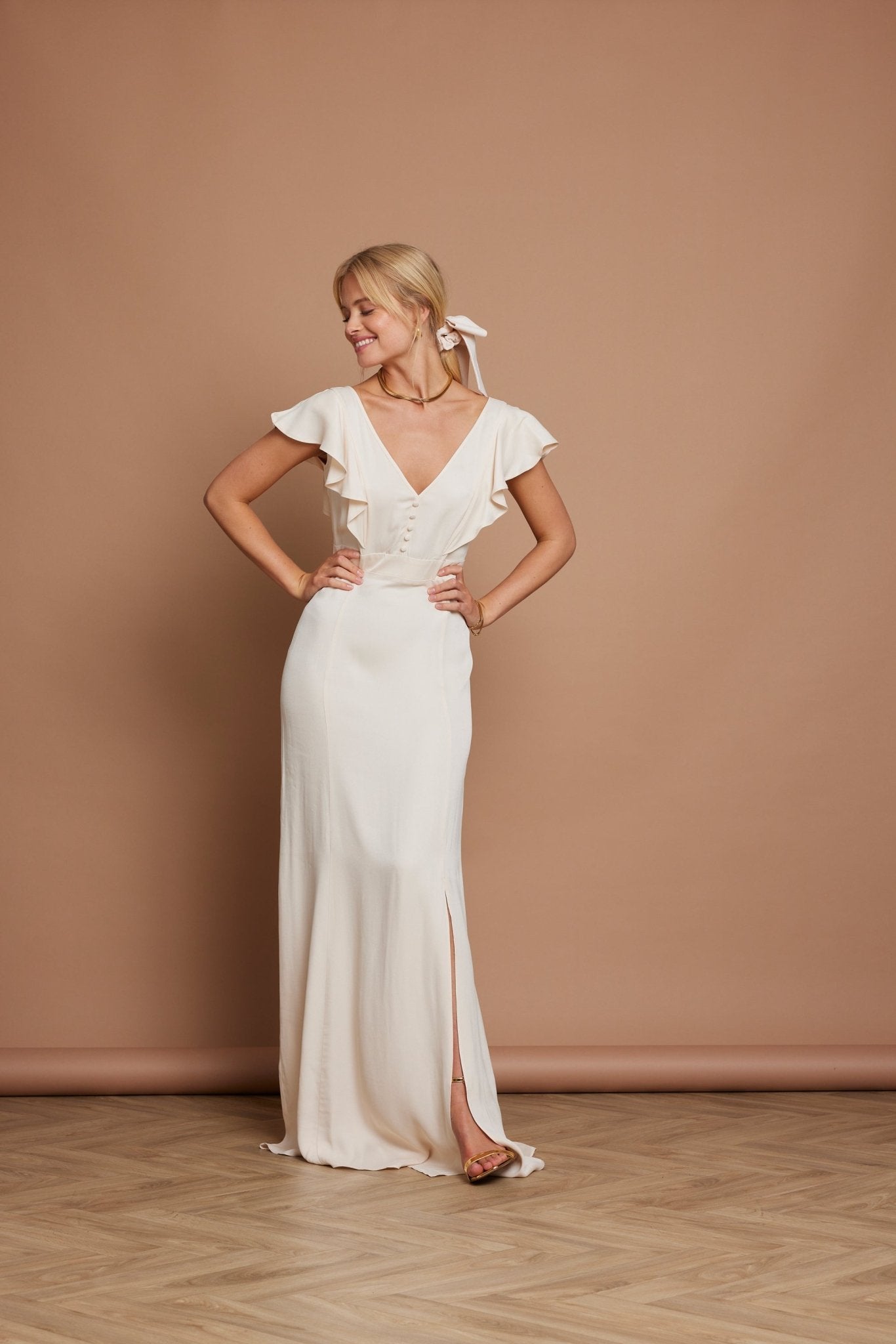 Elle Satin Open Back Dress - Champagne Ivory - Maids to Measure