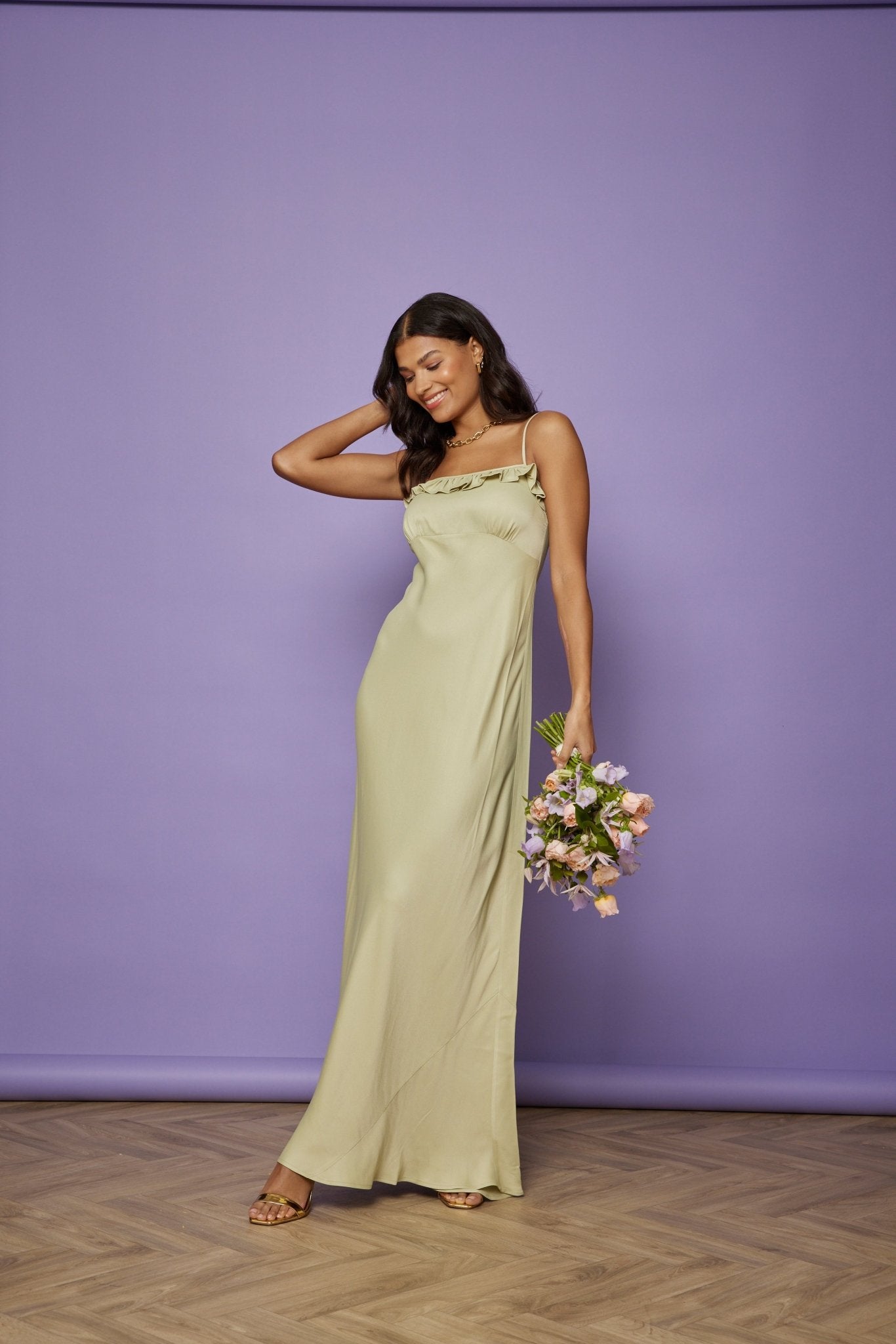 Our Enya Satin Slip Bridesmaid Dress Sage Green