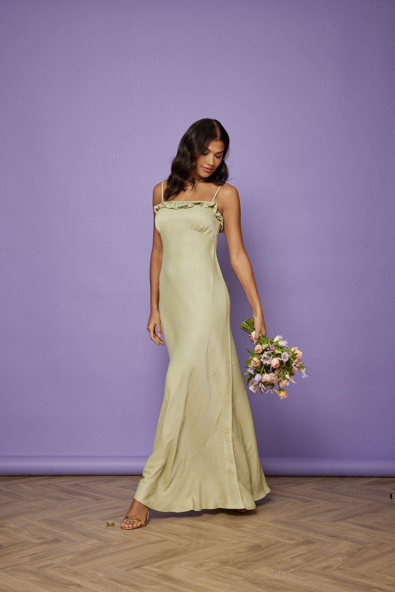 Our Enya Satin Slip Bridesmaid Dress Sage Green
