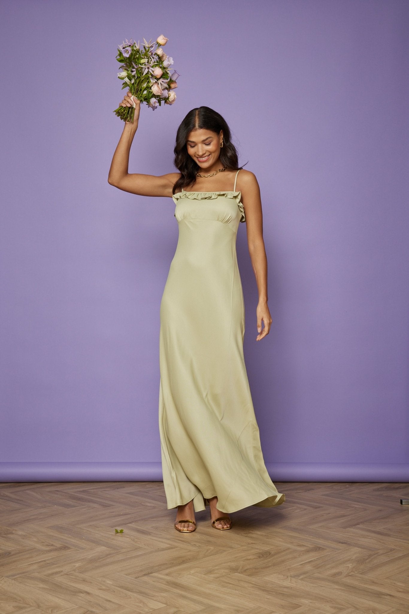 Our Enya Satin Slip Bridesmaid Dress Sage Green
