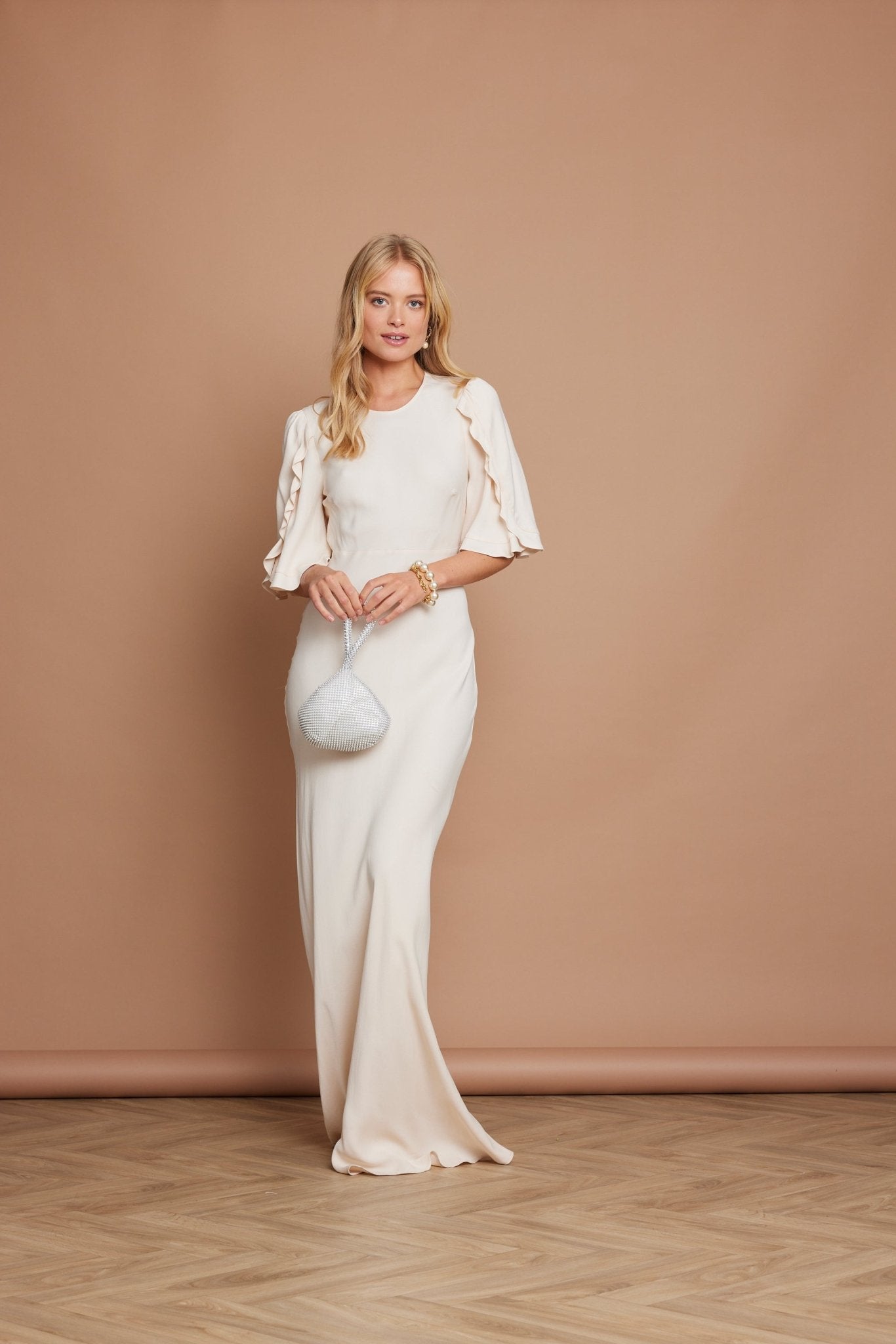 Jemima Satin Cape Sleeve Dress - Champagne Ivory - Maids to Measure
