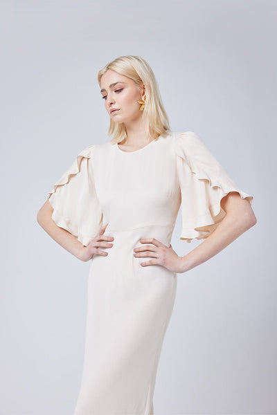 Jemima Satin Cape Sleeve Dress - Champagne Ivory - Maids to Measure