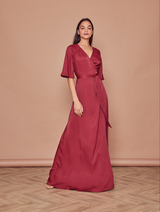 Margot Satin Wrap Bridesmaid Dress - Burgundy - 10 / Burgundy