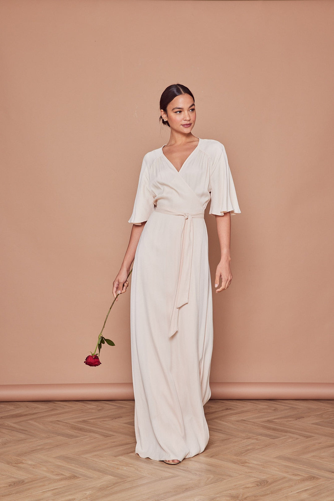 Margot Wrap Satin Champagne Bridesmaid Dress | Maids to Measure UK Margot Wrap Satin Champagne Bridesmaid Dress | Maids to Measure UK