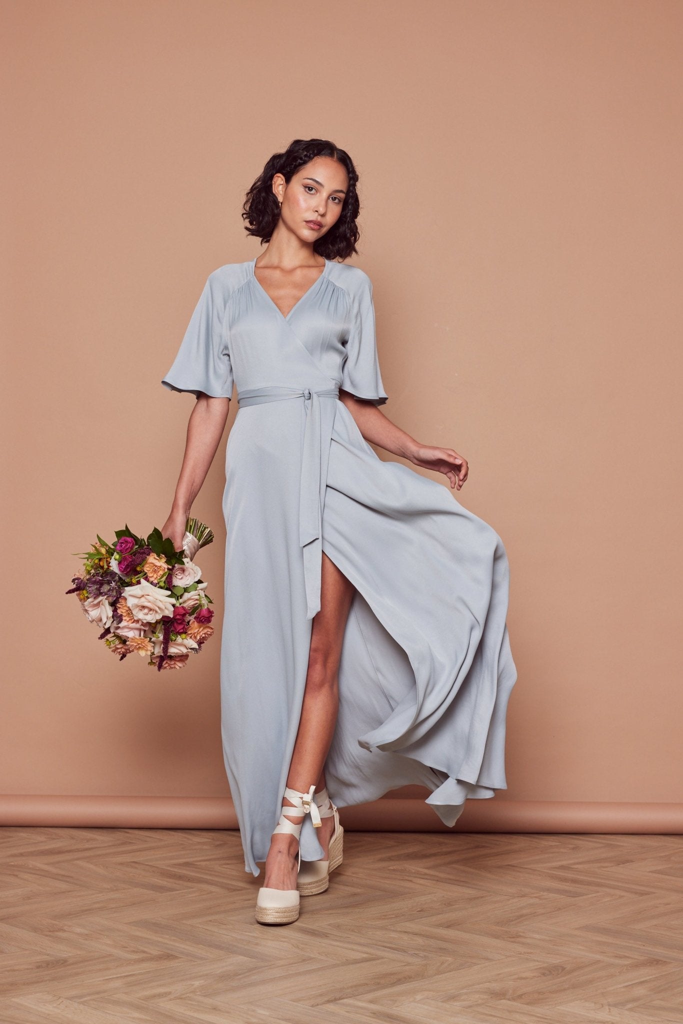 Margot Satin Wrap Dress - Duck Egg - Maids to Measure