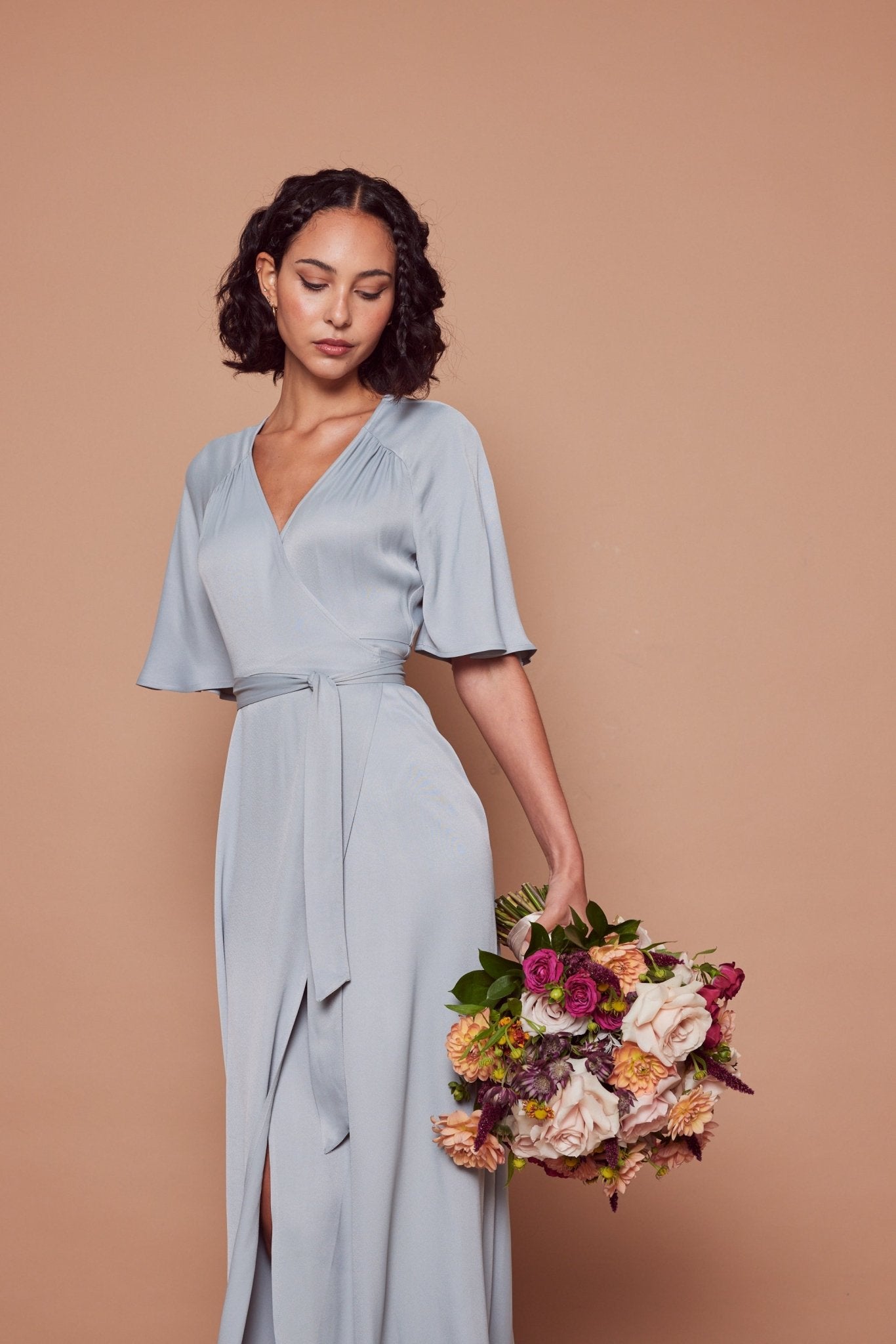 Margot Satin Wrap Dress - Duck Egg - Maids to Measure