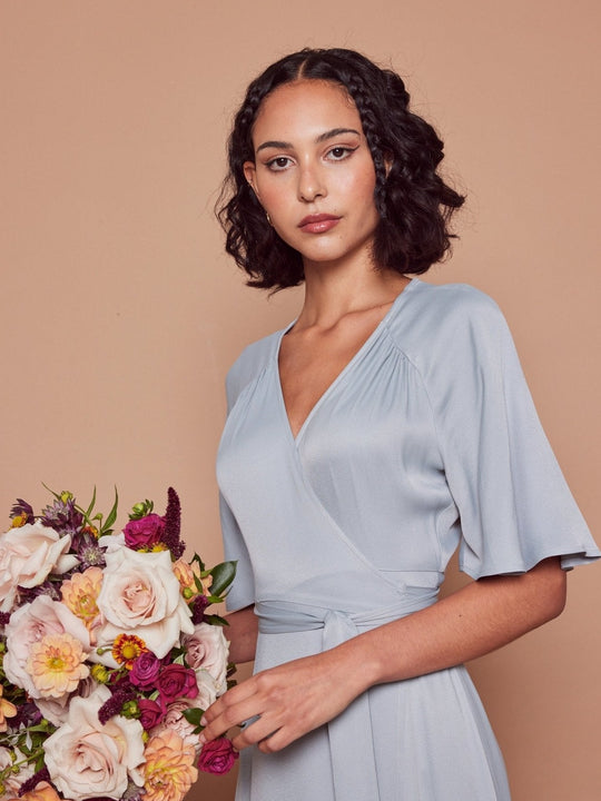 Margot Satin Wrap Dress - Duck Egg - Maids to Measure