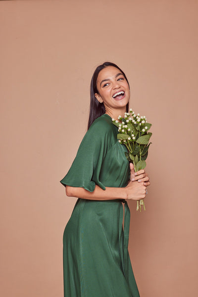 Margot Satin Wrap Dress - Forest Green - Maids to Measure