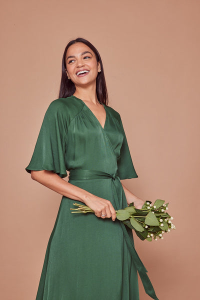 Margot Satin Wrap Dress - Forest Green - Maids to Measure