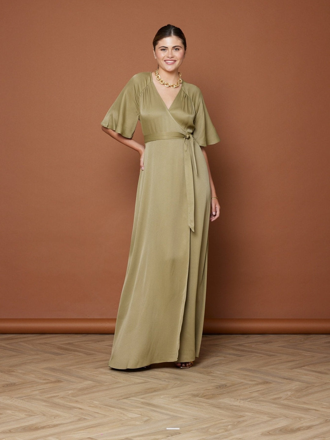olive green satin wrap dress Florence Waterfall Dress in Olive Green Satin