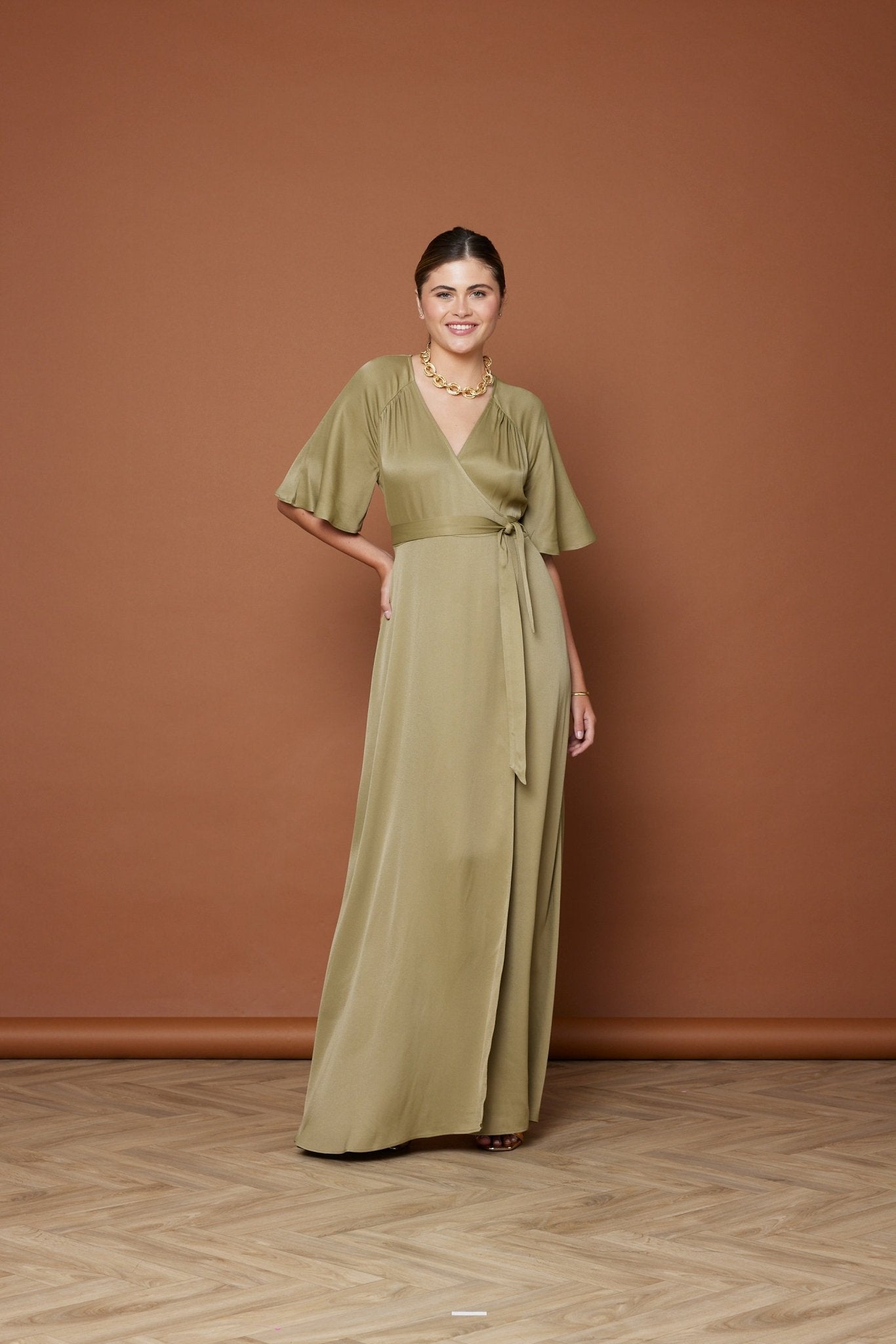 Margot Satin Wrap Dress - Olive Green NEW - Maids to Measure