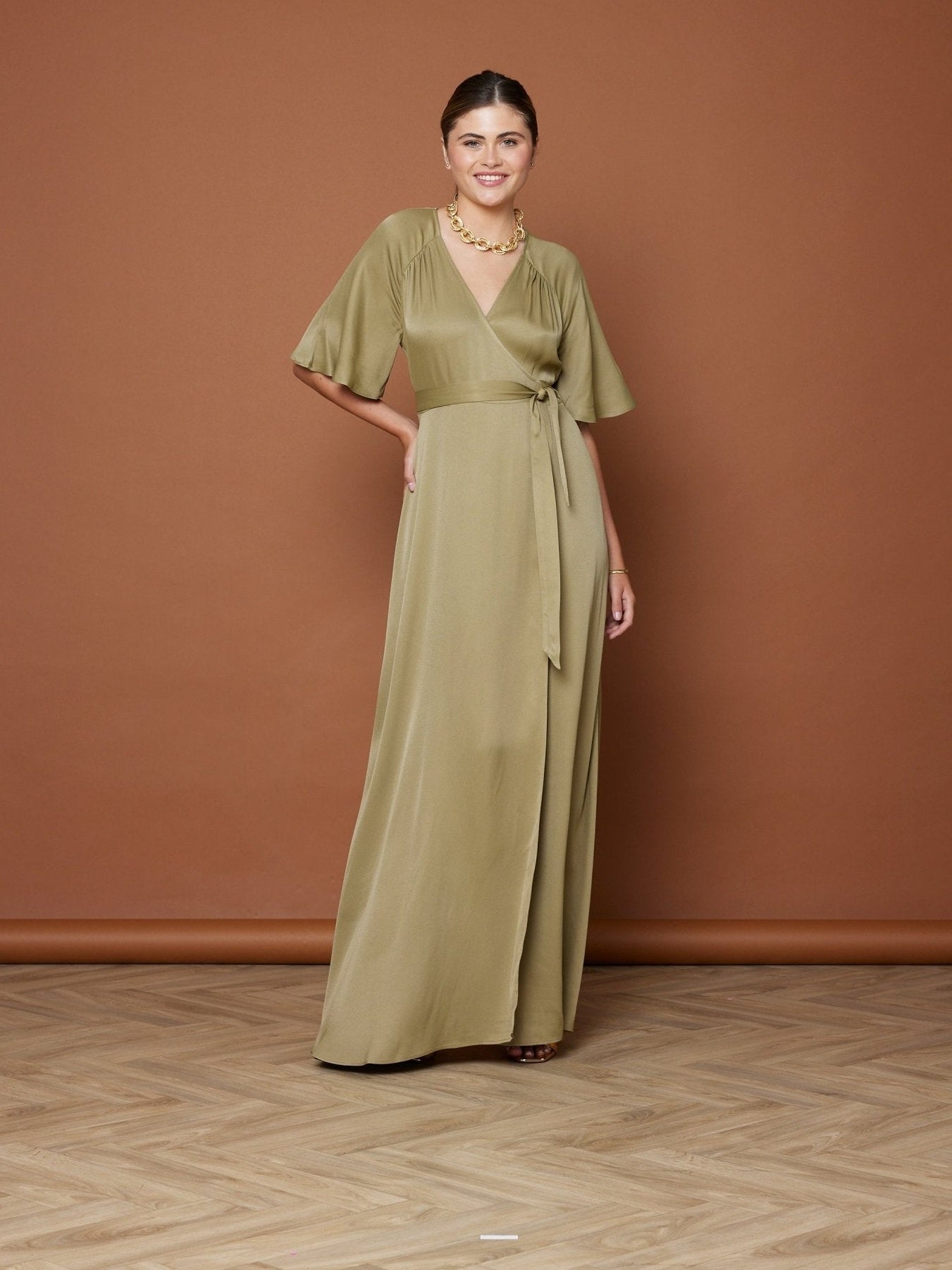 Margot Satin Wrap Bridesmaids Dress Olive Green