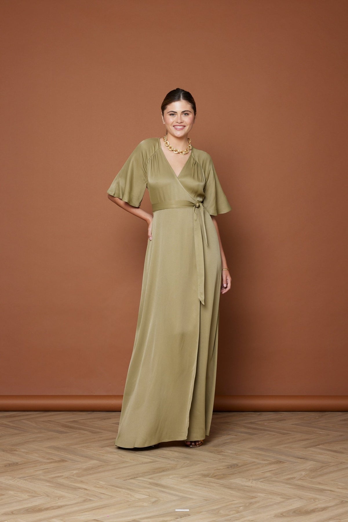 Margot Satin Wrap Bridesmaid Dress - Olive Green, 12 / Olive Green Margot Satin Wrap Bridesmaid Dress - Olive Green, 12 / Olive Green