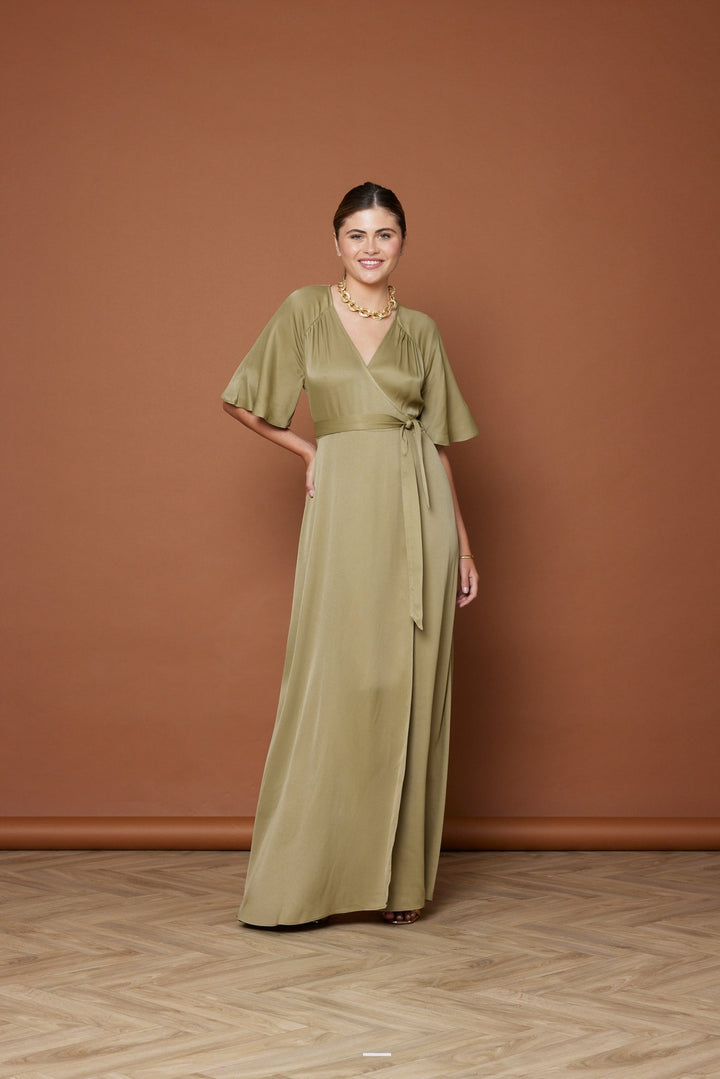 Margot Satin Wrap Bridesmaids Dress Olive Green | Maids to Measure UK Margot Satin Wrap Bridesmaids Dress Olive Green | Maids to Measure UK
