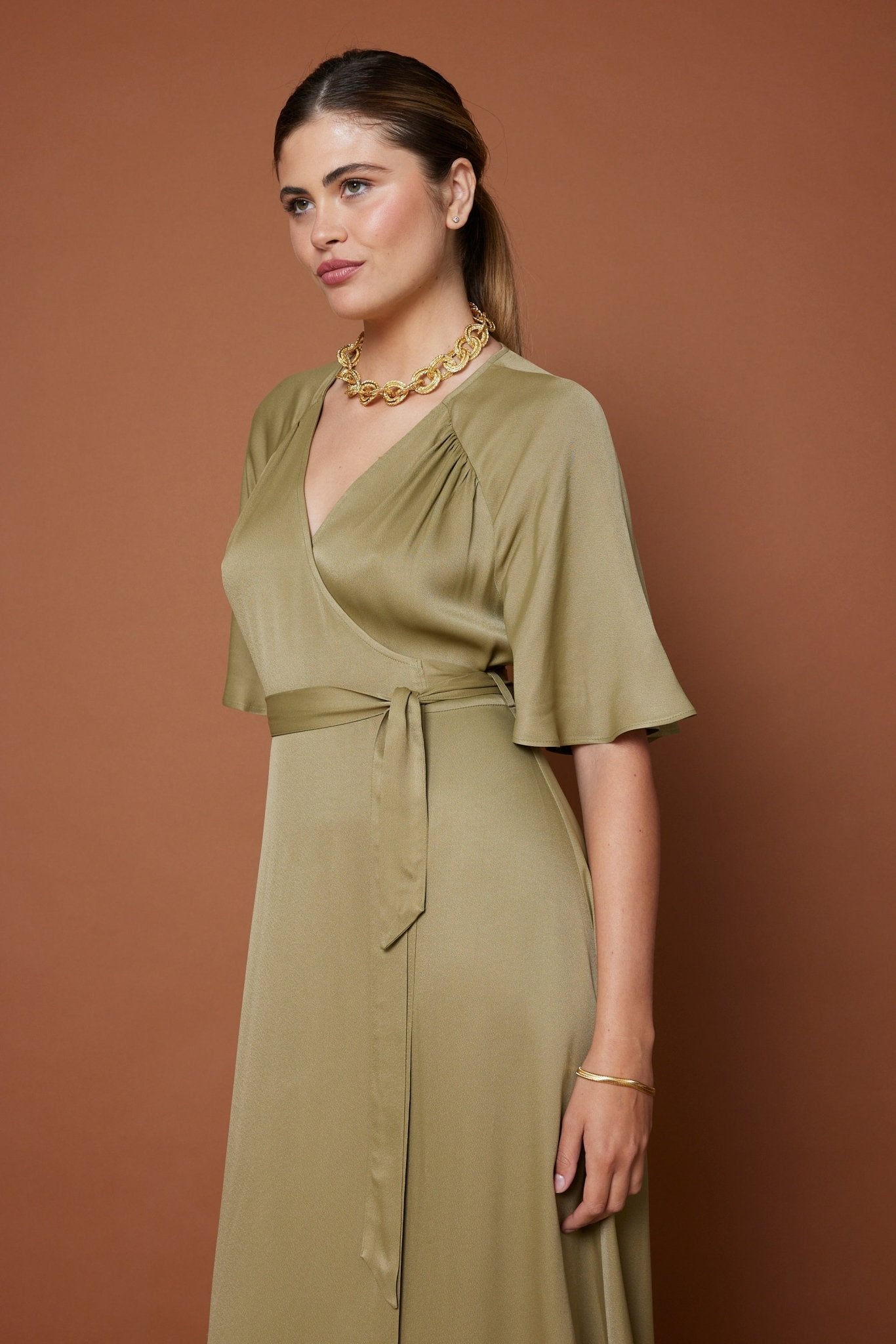 Margot Satin Wrap Dress - Olive Green NEW - Maids to Measure