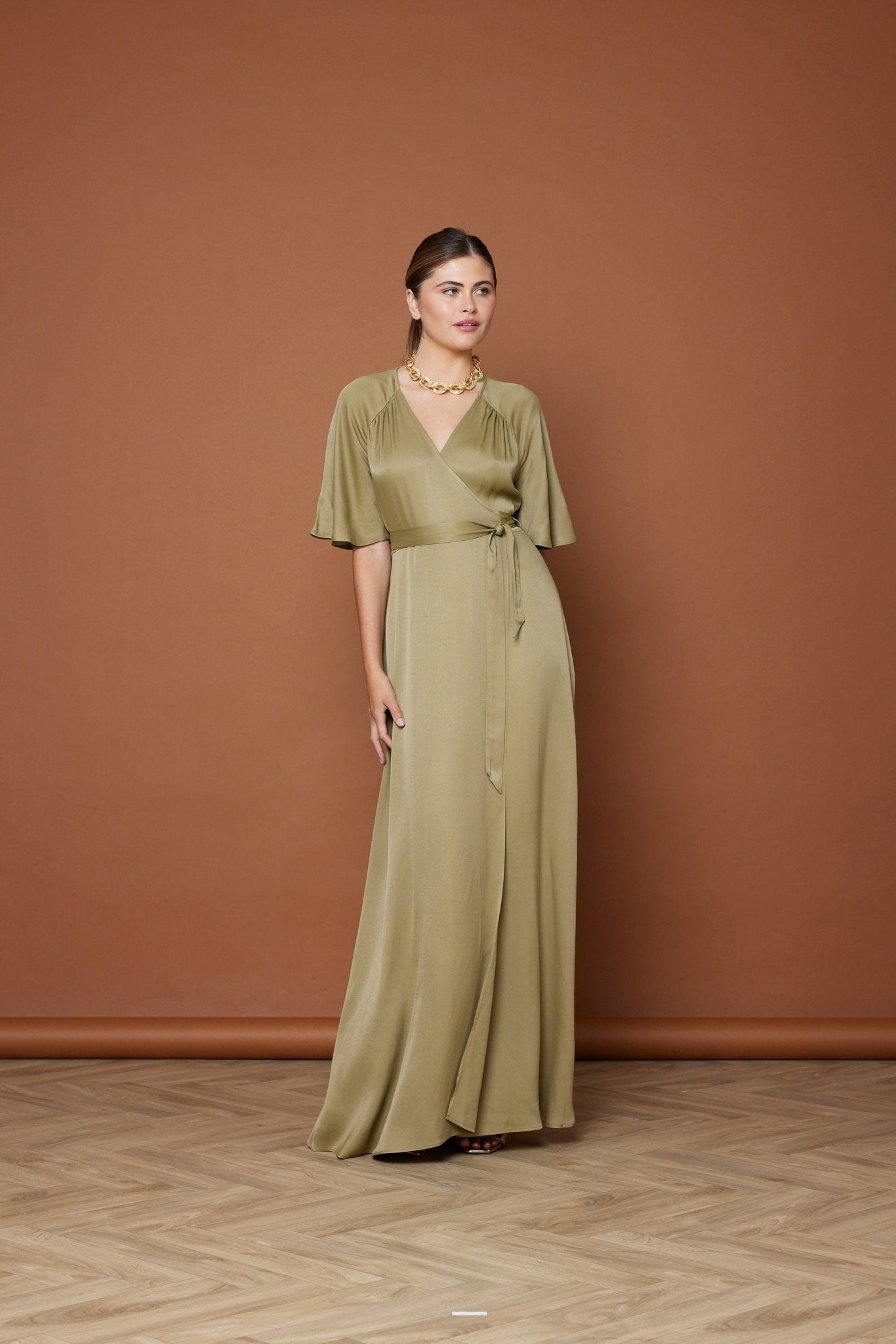 Margot Satin Wrap Dress - Olive Green NEW - Maids to Measure