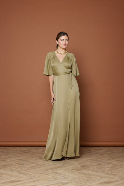 Margot Satin Wrap Dress - Olive Green NEW - Maids to Measure