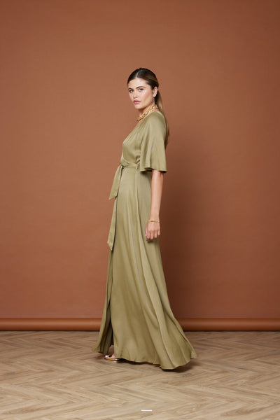 Margot Satin Wrap Dress - Olive Green NEW - Maids to Measure