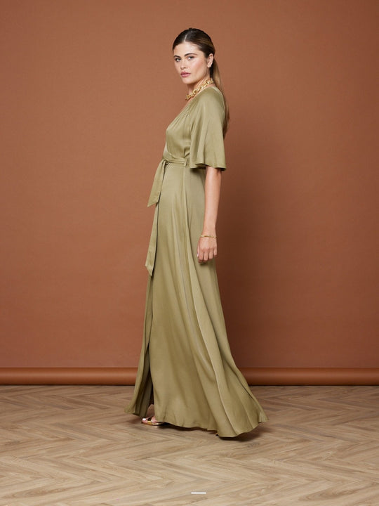 Margot Satin Wrap Dress - Olive Green NEW - Maids to Measure