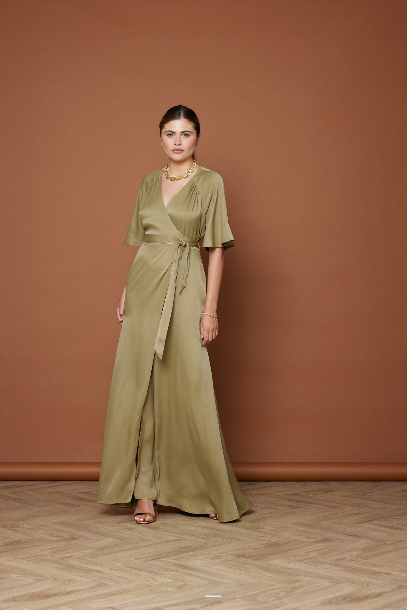 Margot Satin Wrap Dress - Olive Green NEW - Maids to Measure