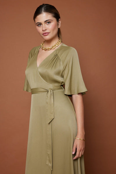 Margot Satin Wrap Dress - Olive Green NEW - Maids to Measure