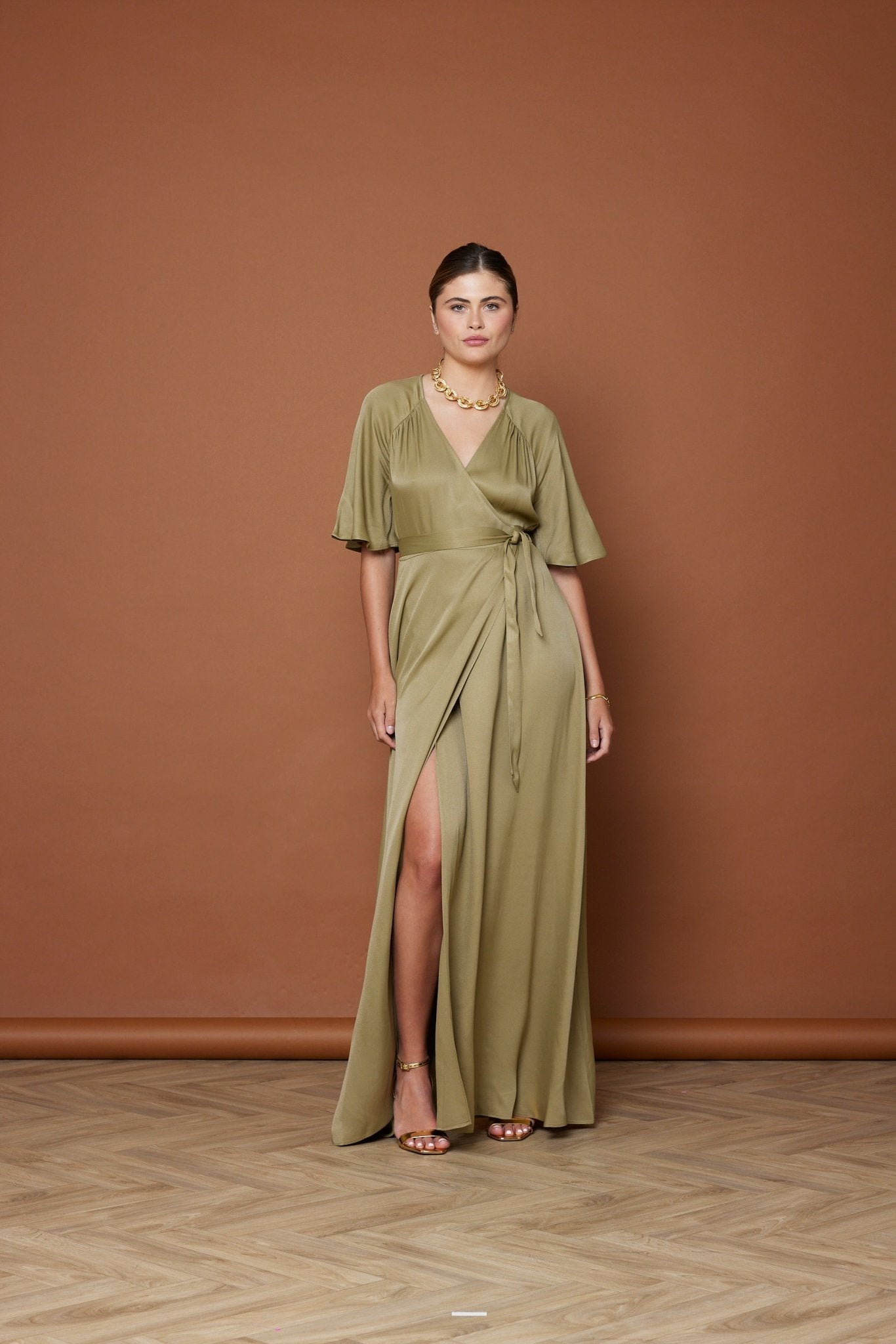 Margot Satin Wrap Dress - Olive Green NEW - Maids to Measure