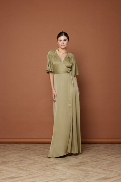 Margot Satin Wrap Dress - Olive Green NEW - Maids to Measure