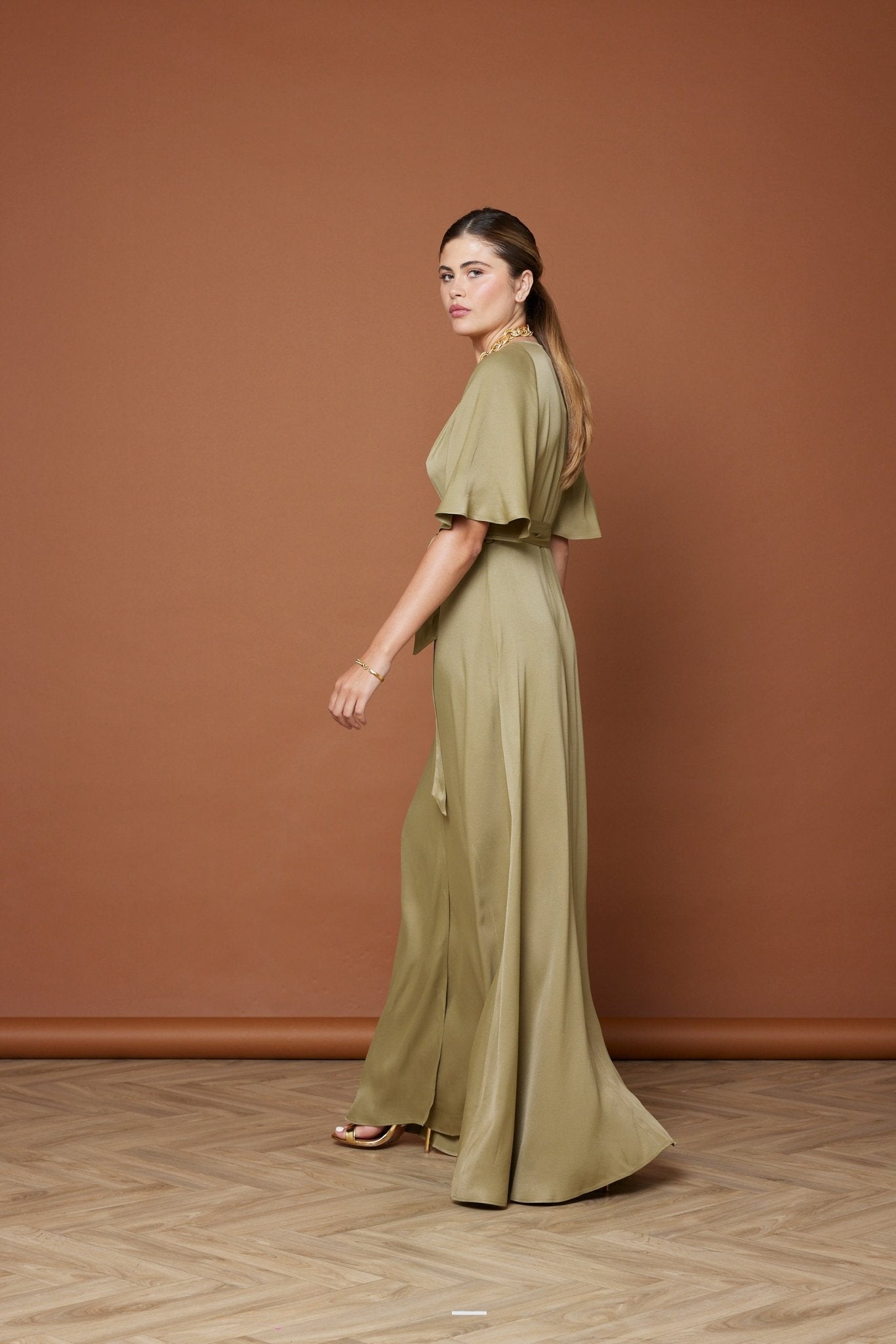 Margot Satin Wrap Dress - Olive Green NEW - Maids to Measure