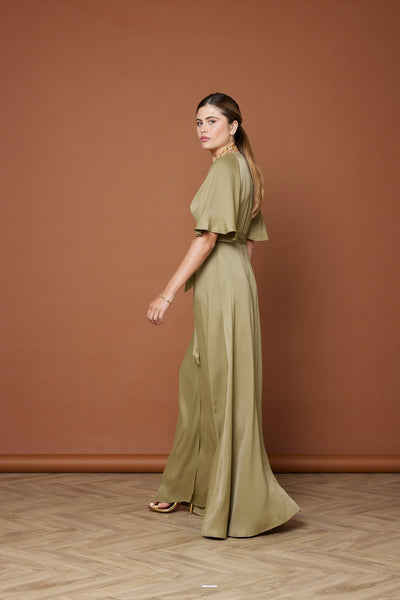 Margot Satin Wrap Dress - Olive Green NEW - Maids to Measure