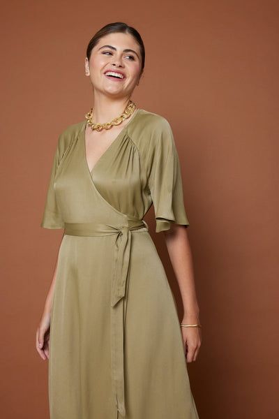 Margot Satin Wrap Dress - Olive Green NEW - Maids to Measure