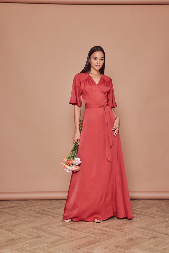Margot Satin Wrap Bridesmaid Dress - Rust - 12 / Rust