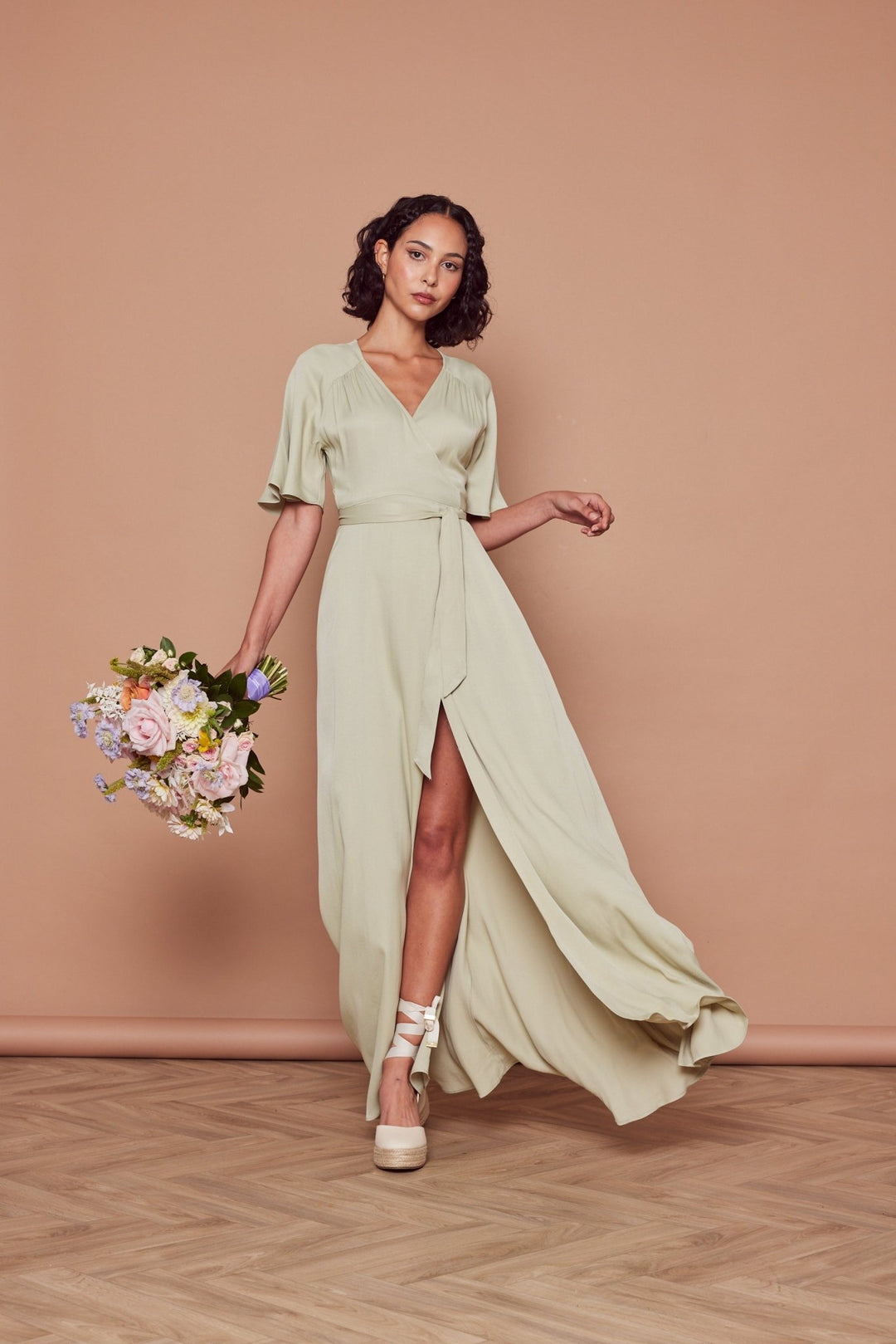 Margot Satin Wrap Bridesmaid Dress Sage Green
