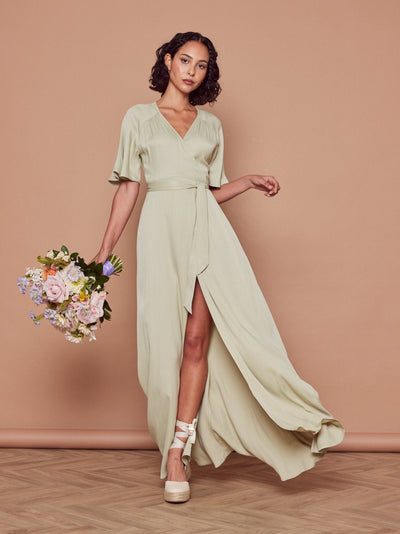 green wrap bridesmaid dress Sage Green Floral Satin Bridesmaid Dress | Bridal Party Dress
