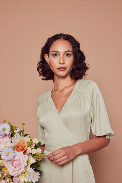 Margot Satin Wrap Dress - Sage Green - Maids to Measure