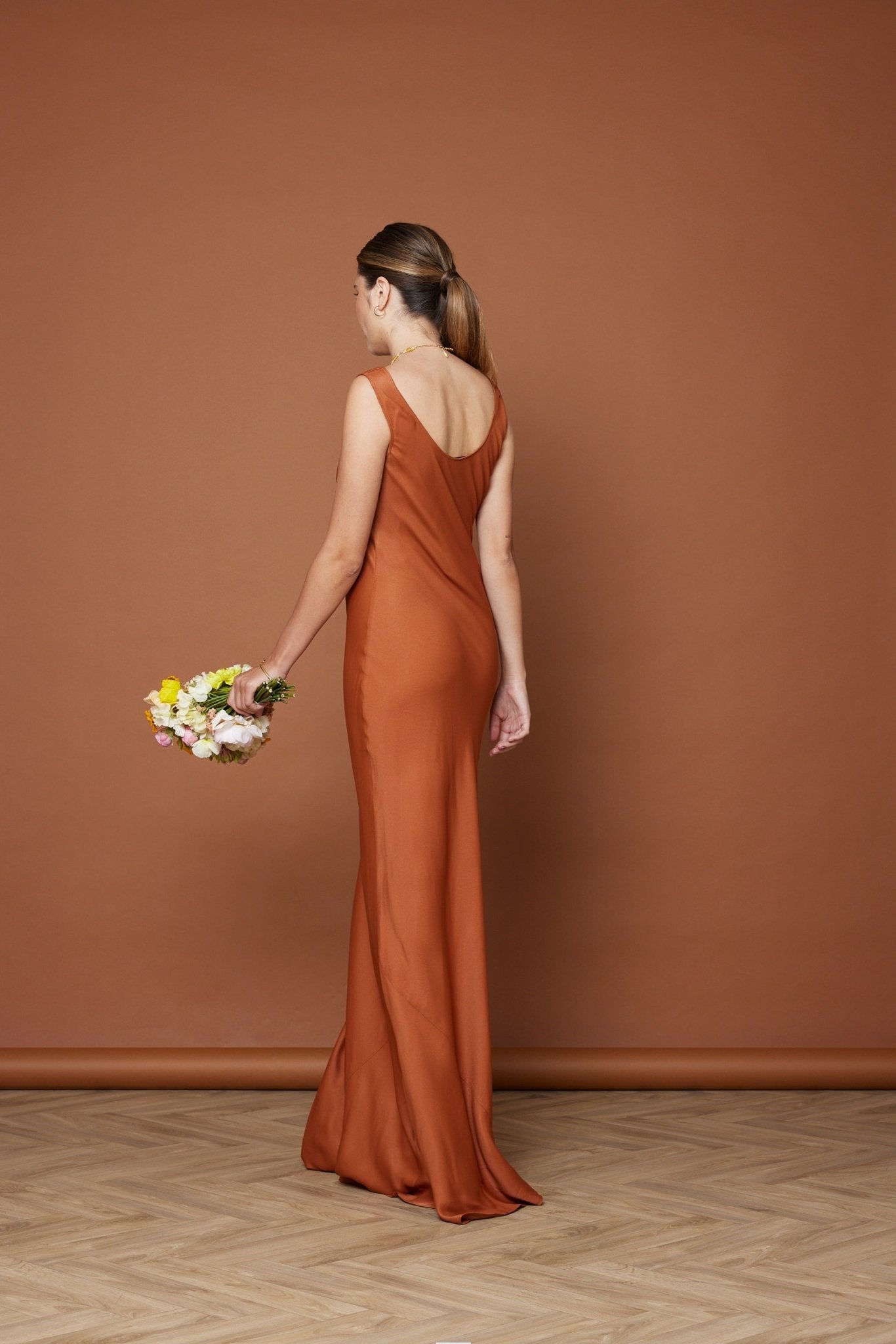 Pandy Satin Cowl Dress - Burnt Orange - Maids to Measure