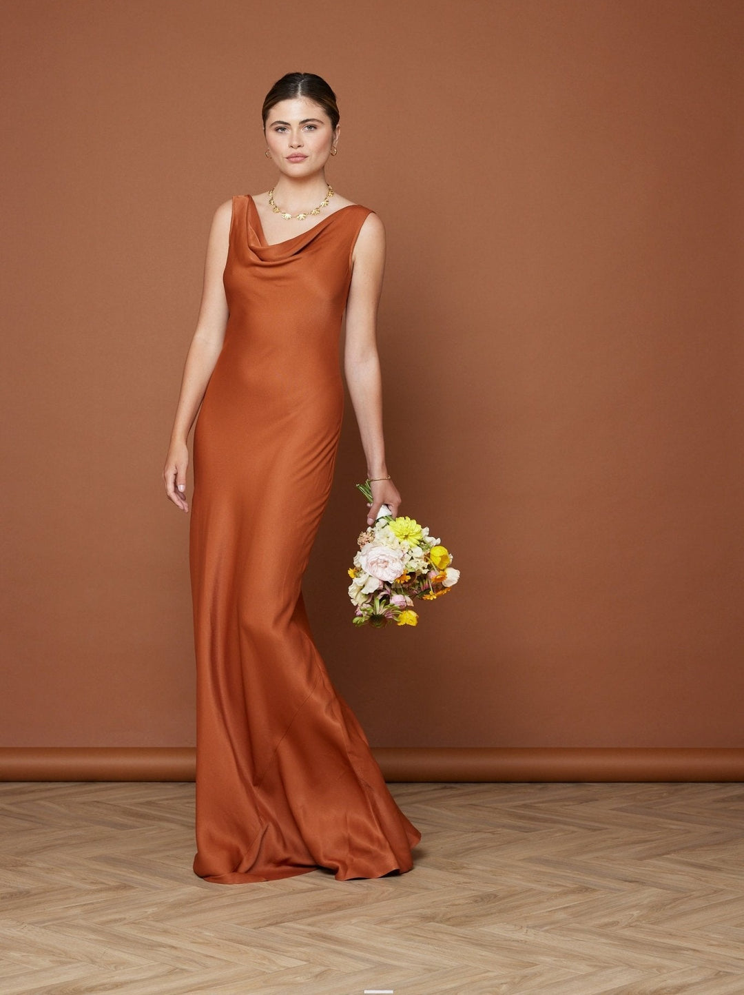 orange cowl dress Reiss Satin Cowl Neck Maxi Dress in Orange