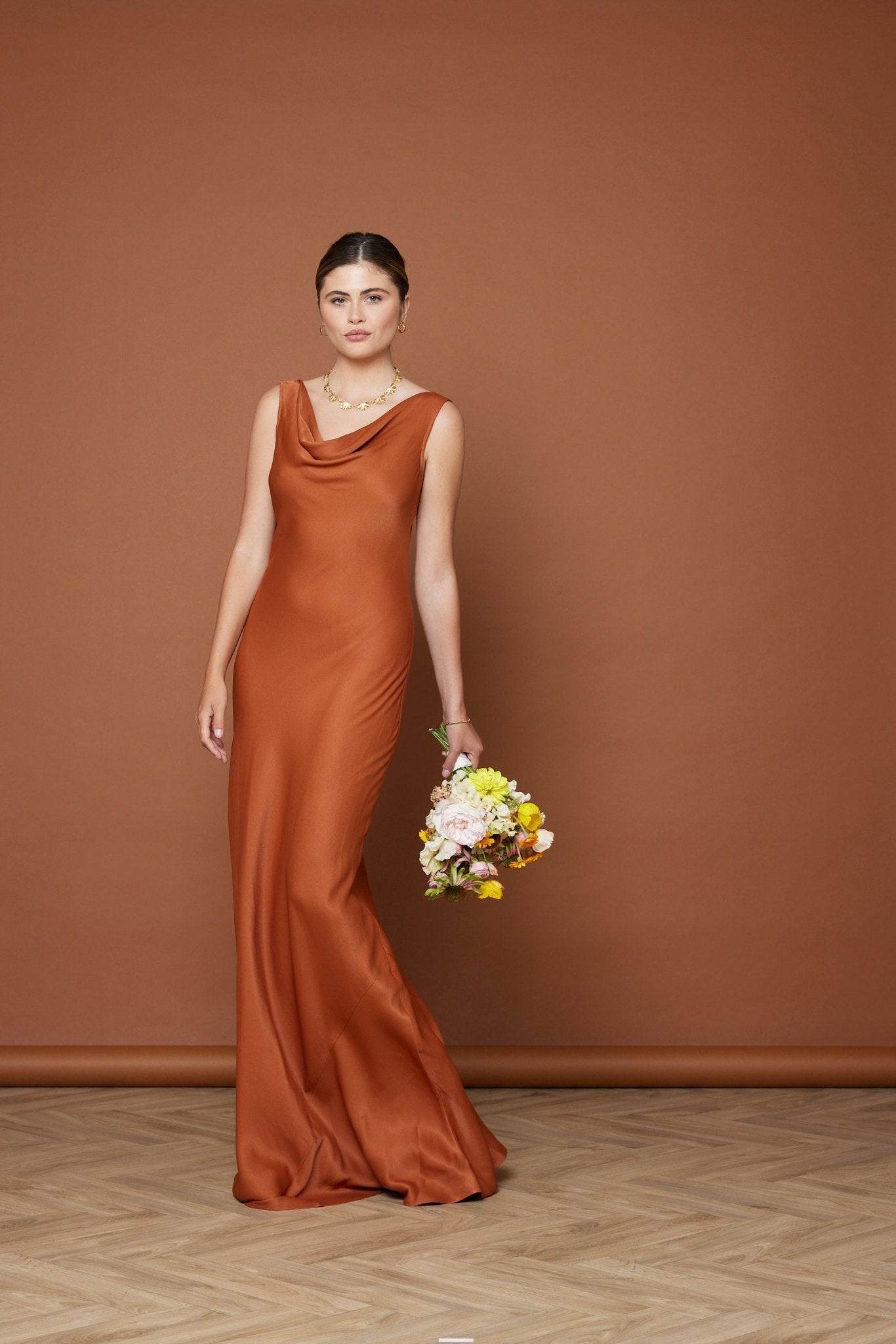 Pandy Satin Cowl Dress - Burnt Orange - Maids to Measure