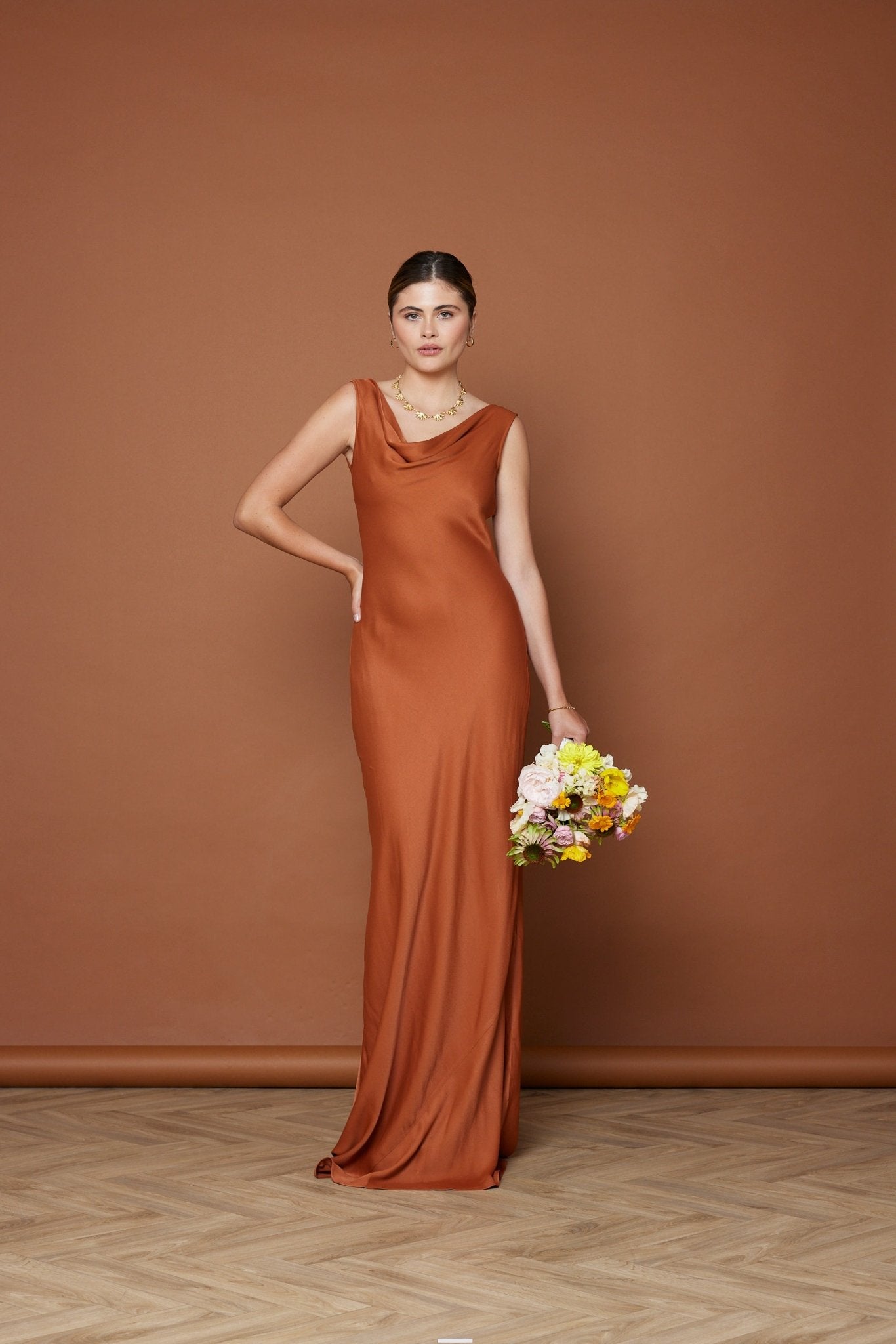 Pandy Satin Cowl Dress - Burnt Orange - Maids to Measure