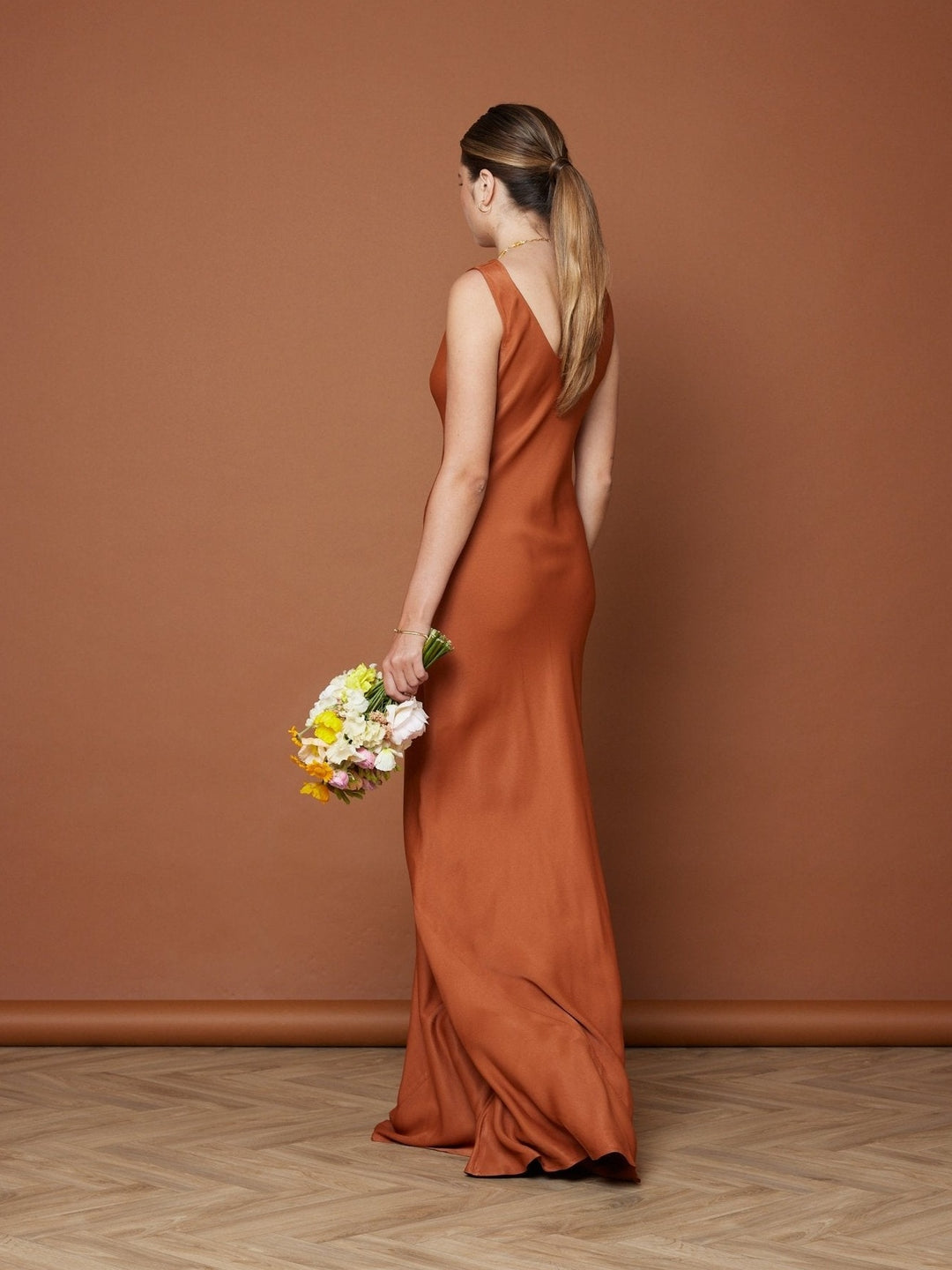 orange and tan dress ASOS DESIGN draped cut-out maxi dress in burnt orange