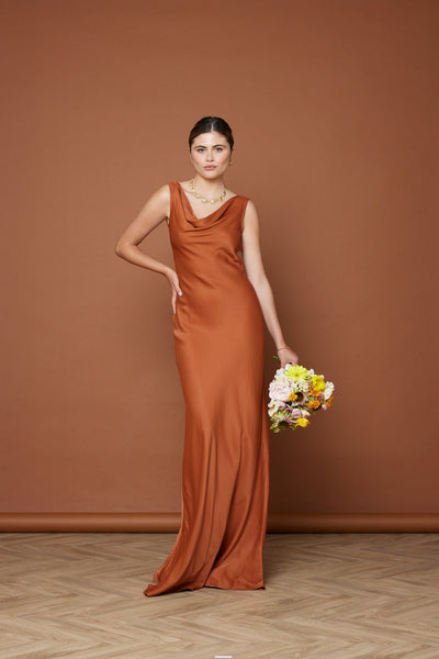 Pandy Satin Cowl Dress - Burnt Orange - Maids to Measure