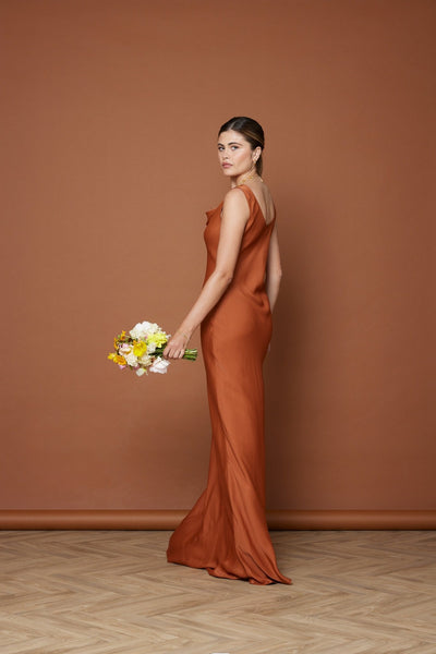 Pandy Satin Cowl Dress - Burnt Orange - Maids to Measure