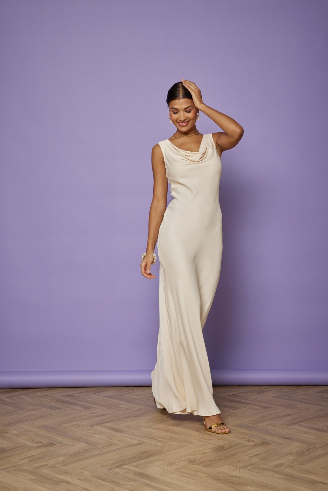 champagne strappy satin cowl midi dress Pandy Satin Cowl Champagne Bridesmaid Dress
